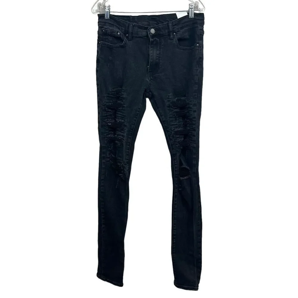 MNML Mens Jeans Stretch Slim Straight Distressed Raw Zip Fly Black Size 32W*